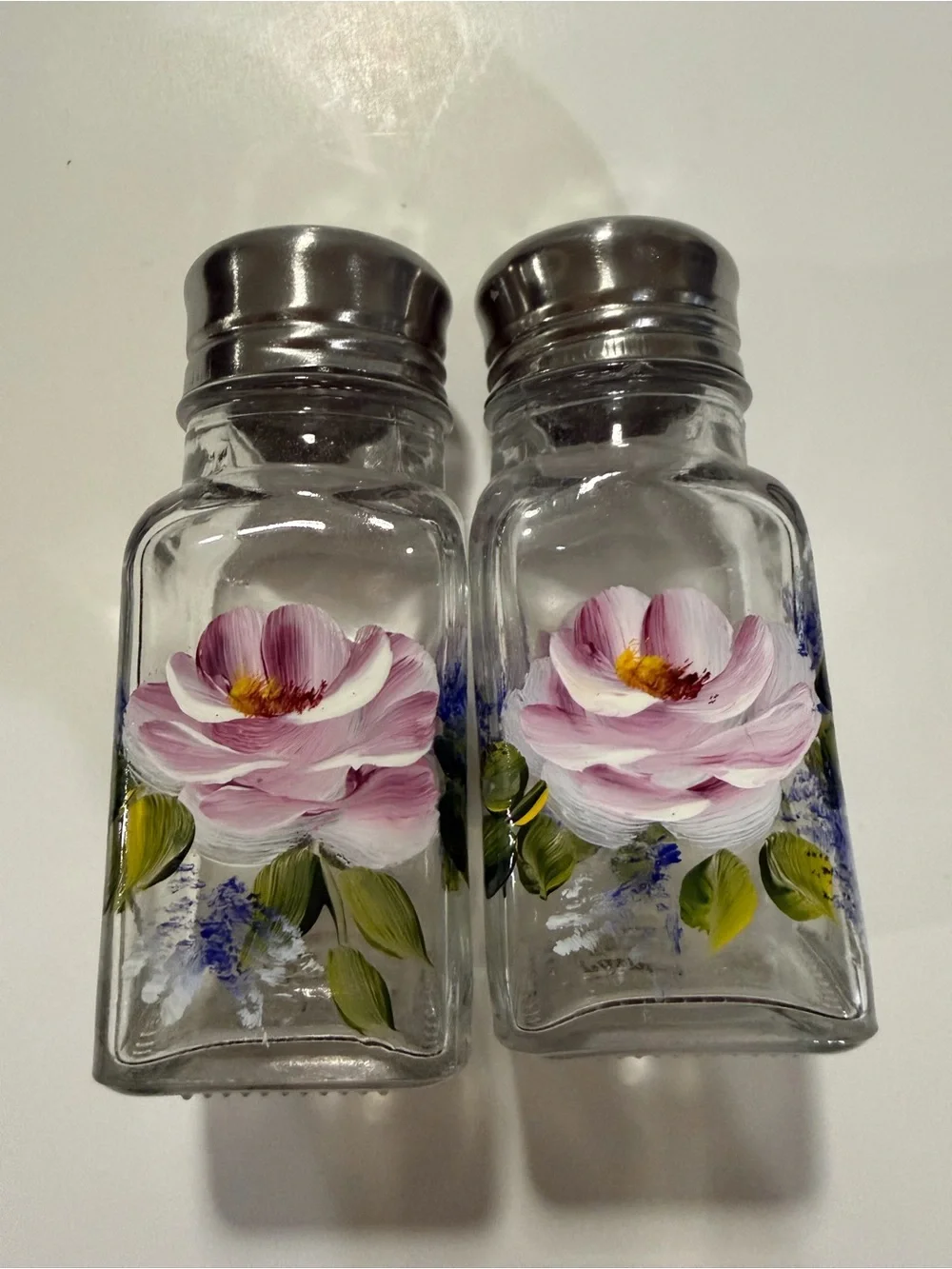 Decorative Pink Floral Glass Salt and Pepper Shakers with Silver Tops
